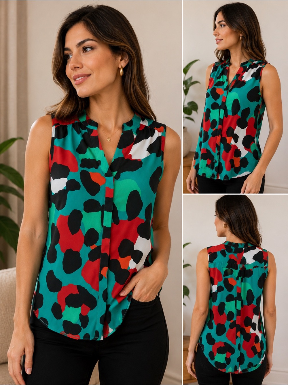 Sleeveless Colorblock Animal Print Blouse - Teal & Red